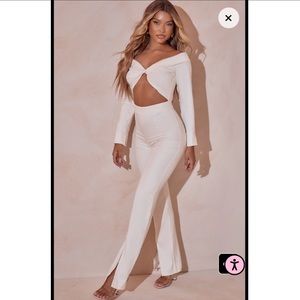 Cream Bardot Twist Front Split Hem Jumpsuit